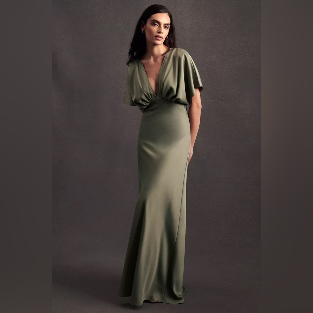 BHLDN Leila Deep-V Flutter-Sleeve Satin A-Line Gown in Moss